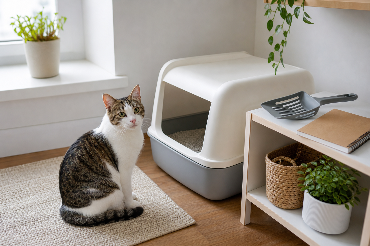 Calm cat beside a clean litter box with a scoop and notebook for tracking stool changes.