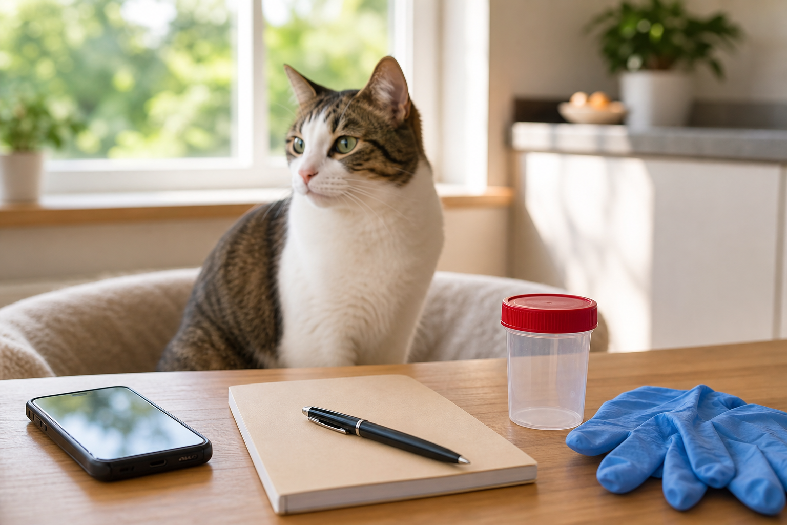 Cat near a phone, notebook, gloves, and empty sample cup for preparing to call a veterinarian.