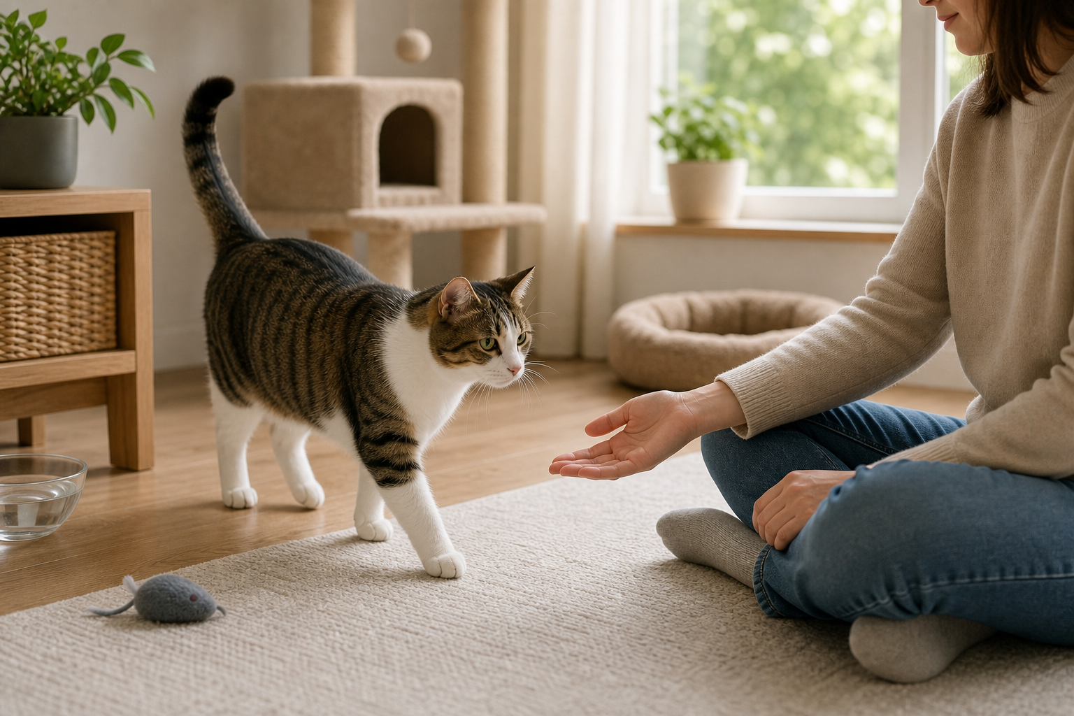 Cat approaching a seated person's open hand by choice with an upright tail.