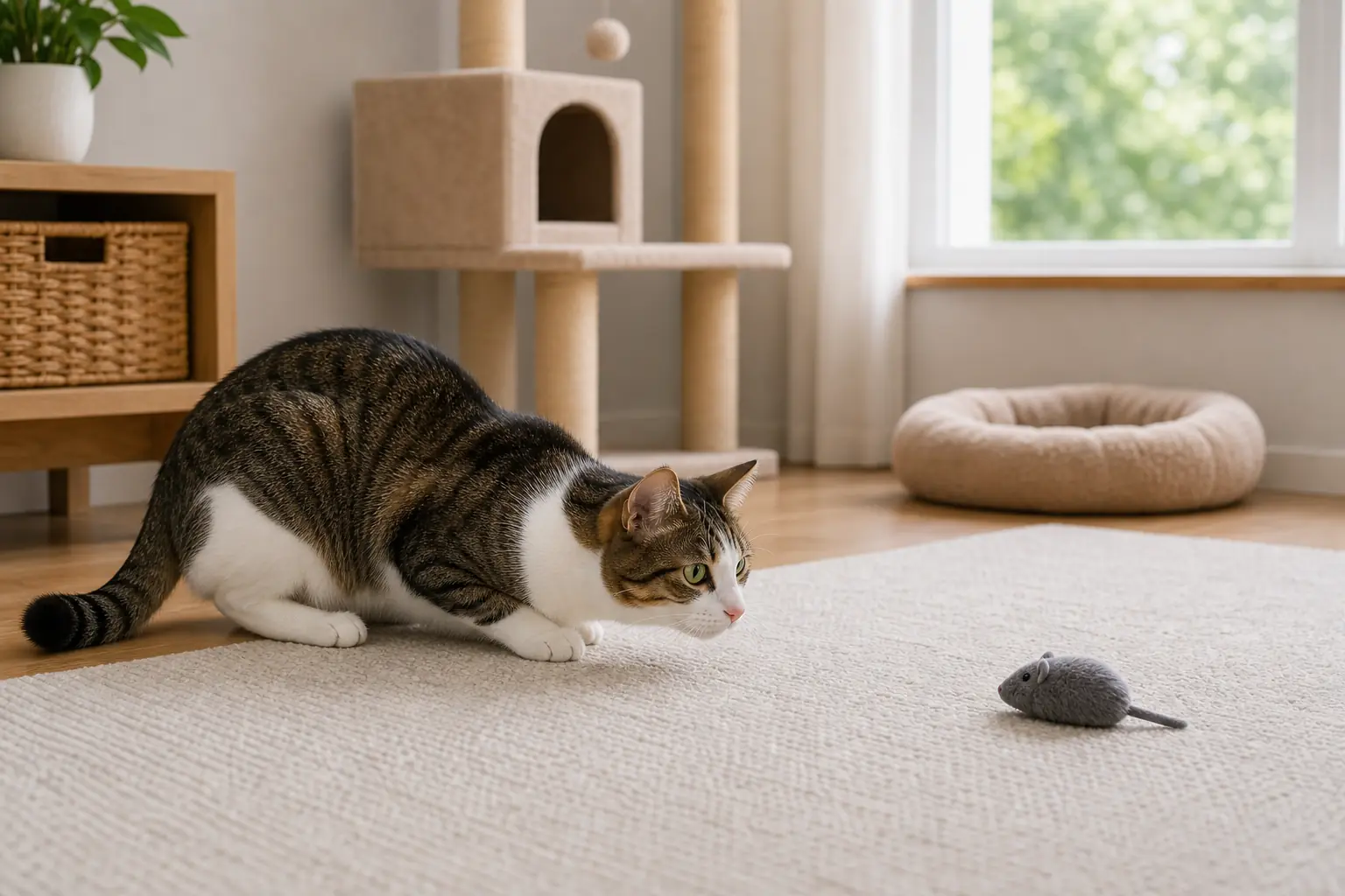 Cat in a low pre-pounce crouch with compressed hind legs while focusing on a toy mouse.