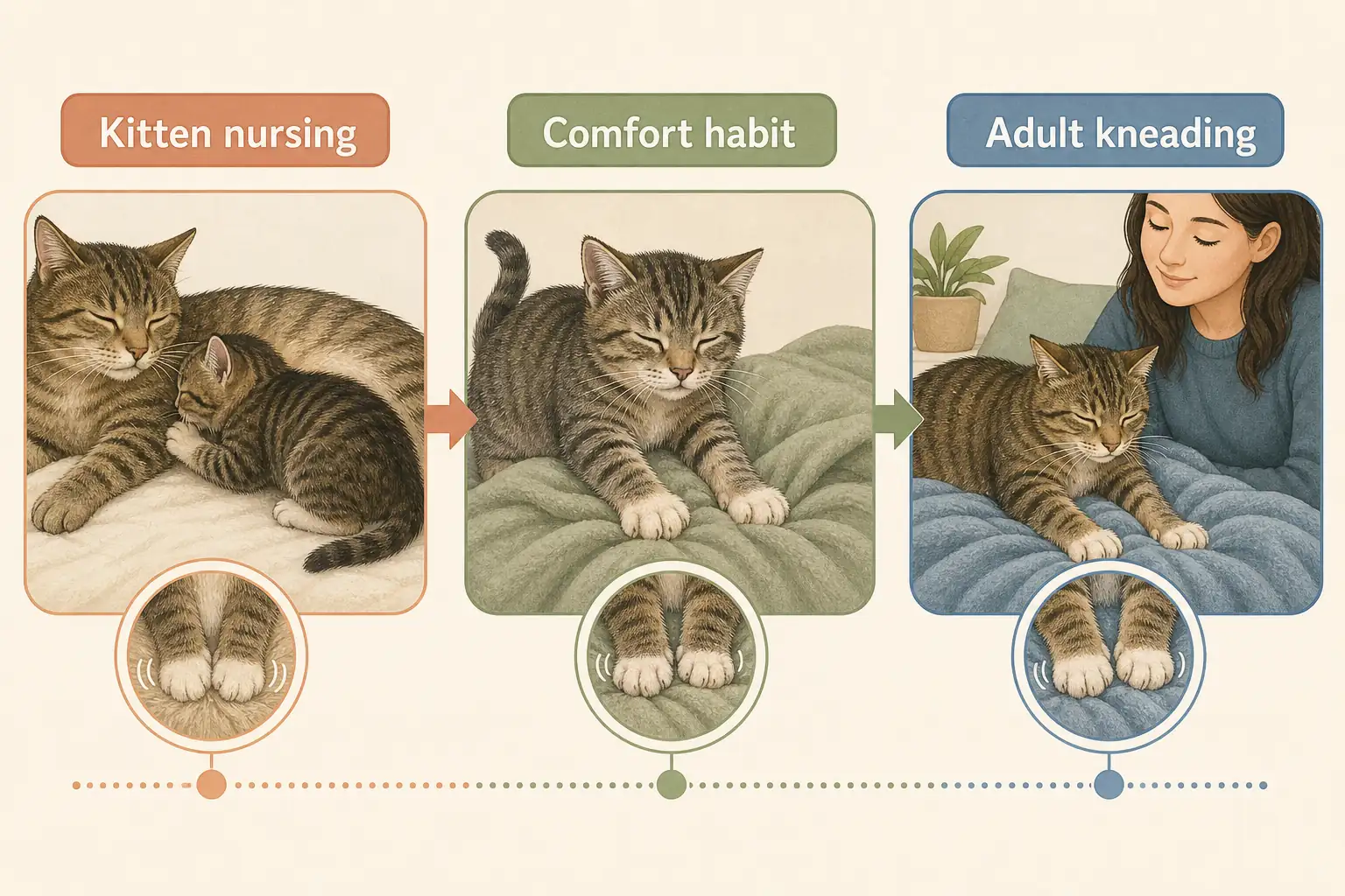 Linha do tempo ilustrada mostrando como o ato de amassar, praticado durante a amamentação dos gatinhos, se mantém como um hábito de conforto e um comportamento descontraído em gatos adultos.