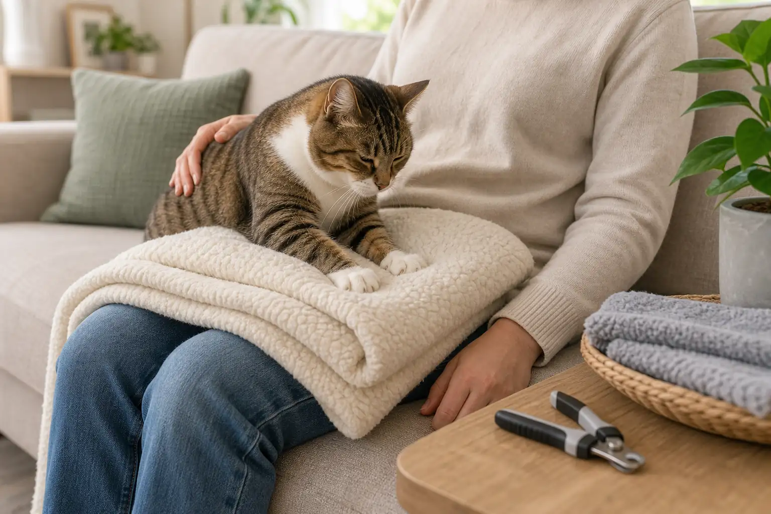 Um gato relaxado amassando um cobertor grosso dobrado sobre o colo de uma pessoa, com um cobertor macio à parte e um cortador de unhas por perto.