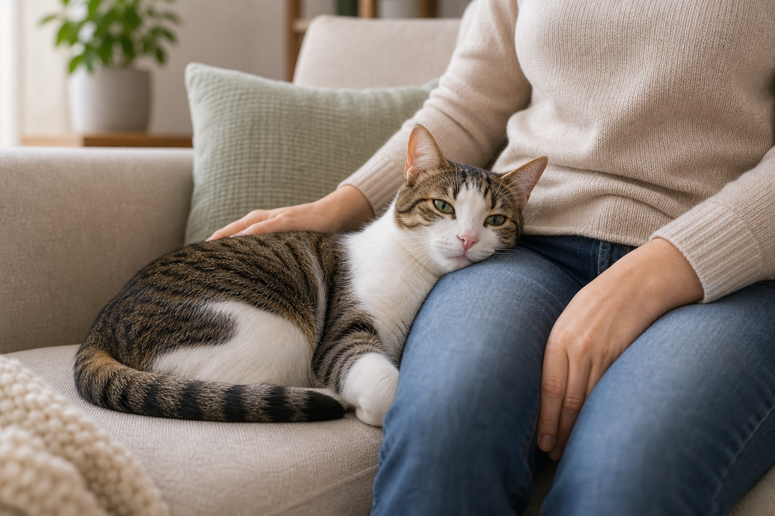 Relaxed cat voluntarily resting against a person's lap on a sofa.