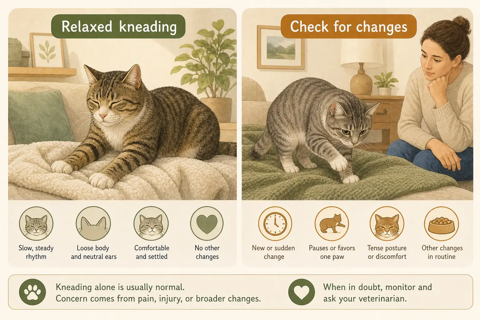 Comparação ilustrada entre o amassamento relaxado e o amassamento acompanhado por uma mudança repentina, postura tensa ou preferência por uma pata.