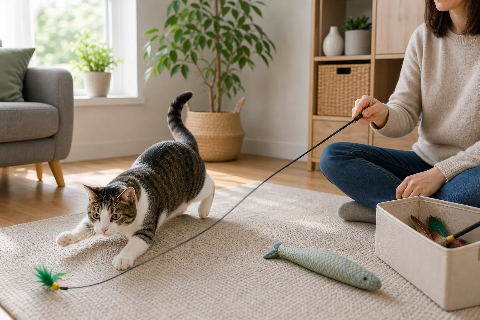Person uses a long wand toy so a cat can stalk and pounce away from hands and feet.