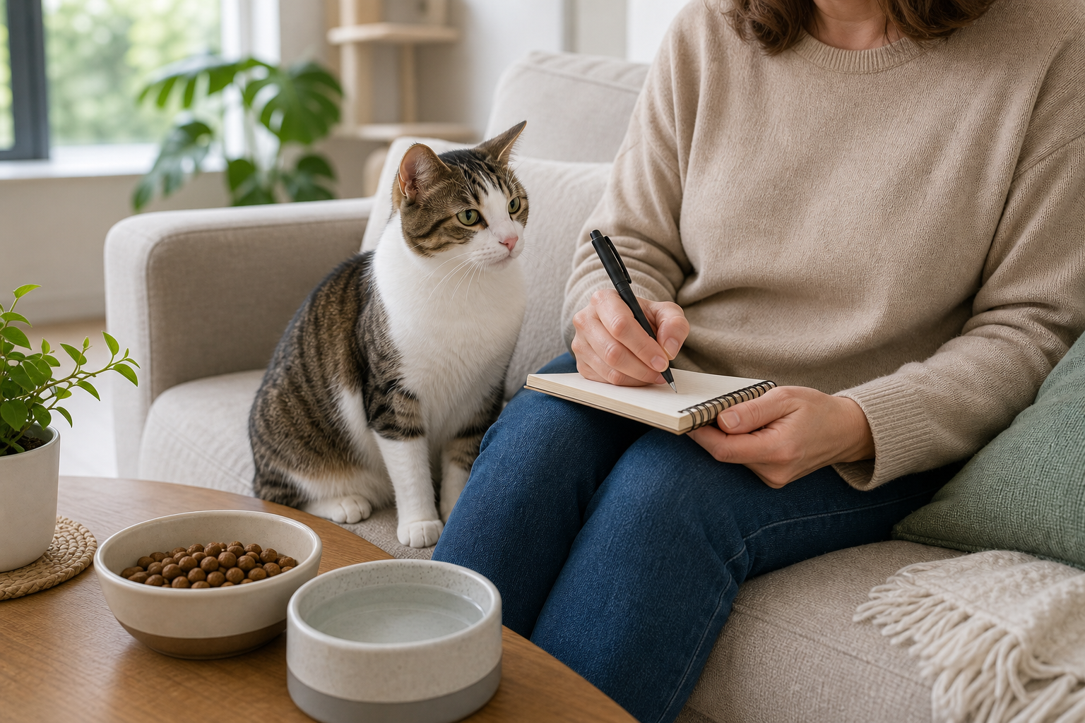 Cat sitting close to a person who records behavior changes beside food and water bowls.