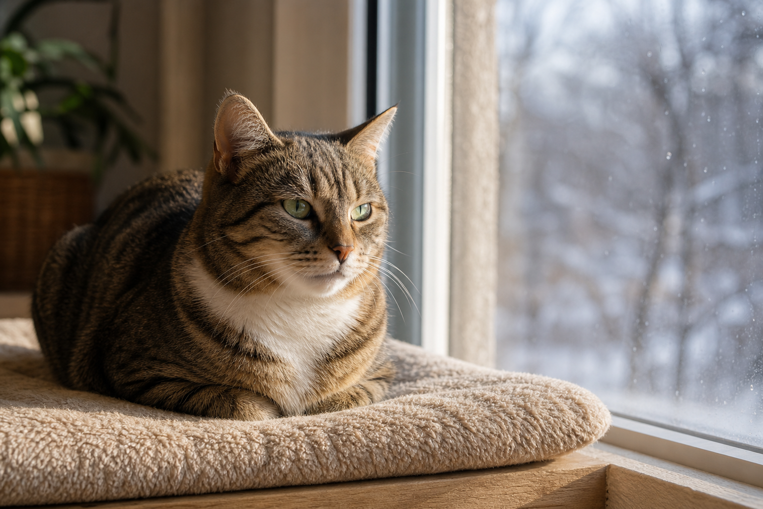 Relaxed tabby cat in a classic loaf posture beside another alert cat in a bright home.
