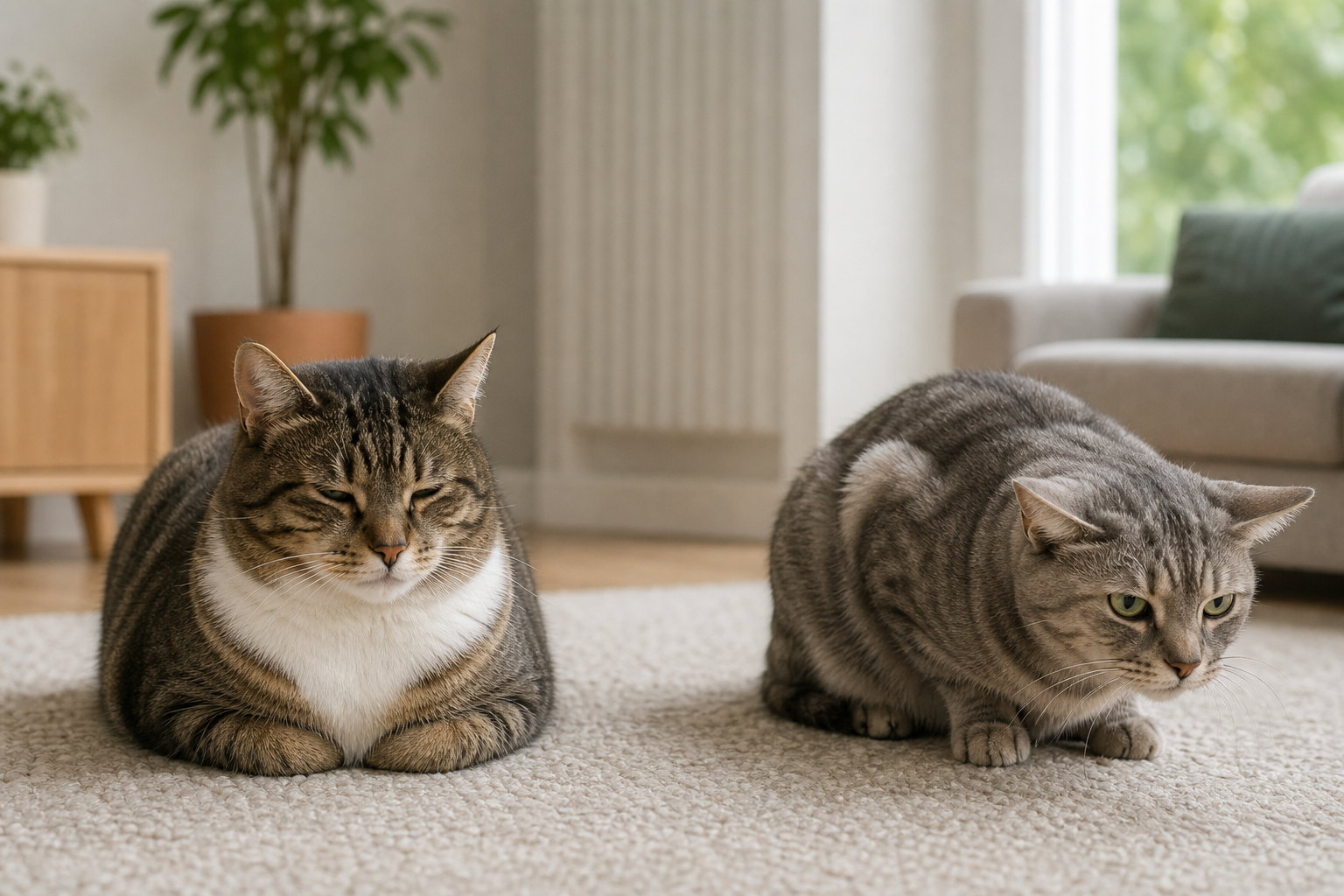 Two cats showing the difference between a relaxed loaf posture and a tense crouched posture.