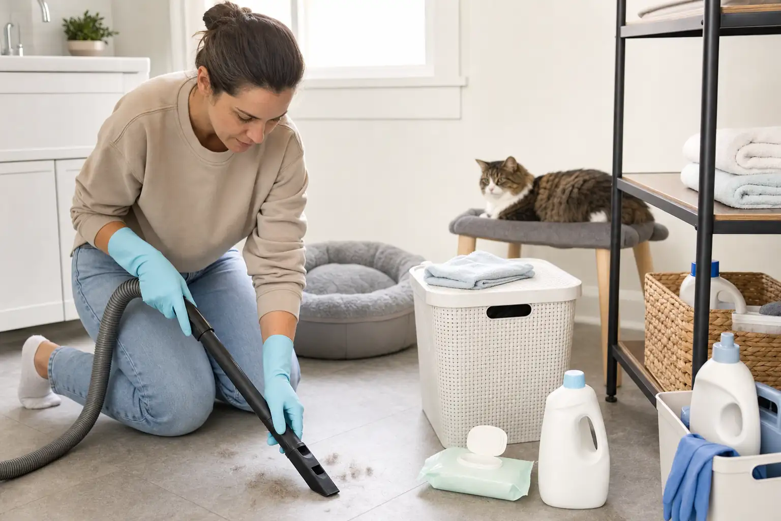 Cat parent vacuuming shed hair in an easy-to-clean room while the cat rests away from cleaning supplies.