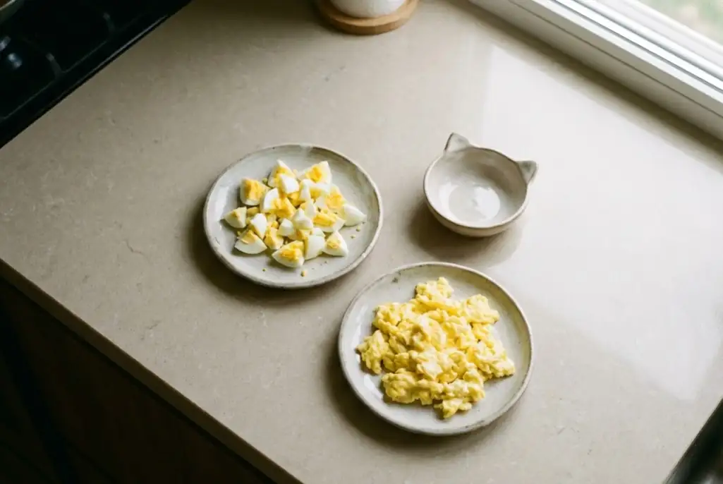 Hard-boiled egg pieces and plain scrambled egg prepared for a cat