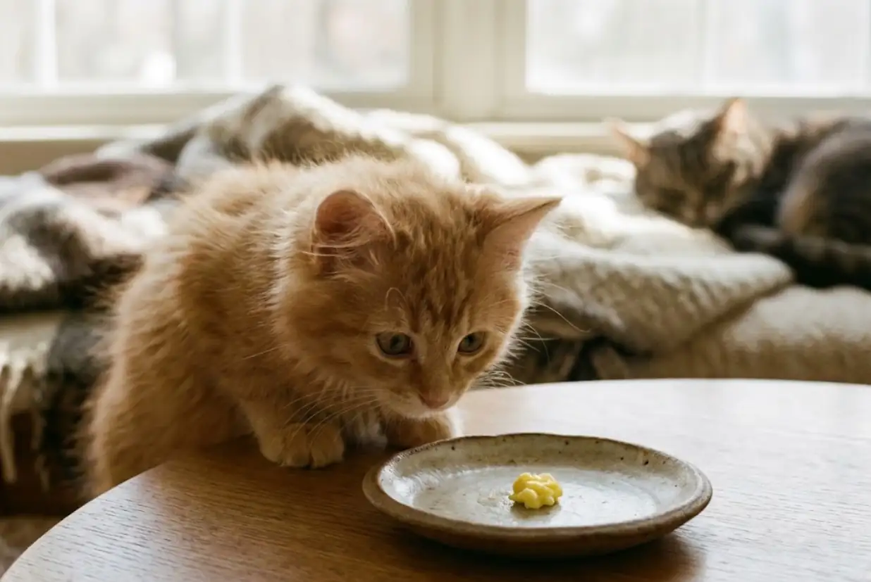 Kitten offered a tiny bite of plain cooked egg as an occasional treat