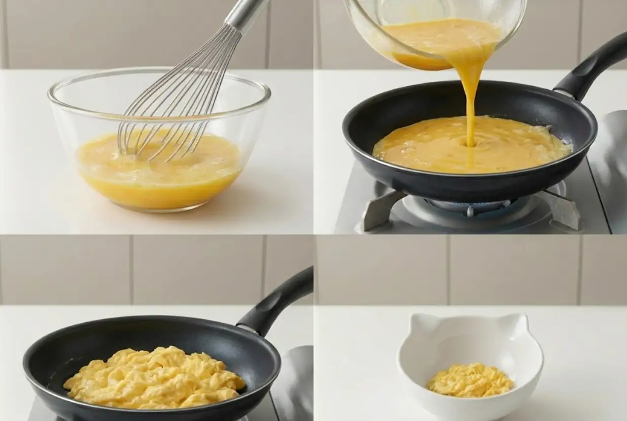 Steps for making plain scrambled eggs for cats