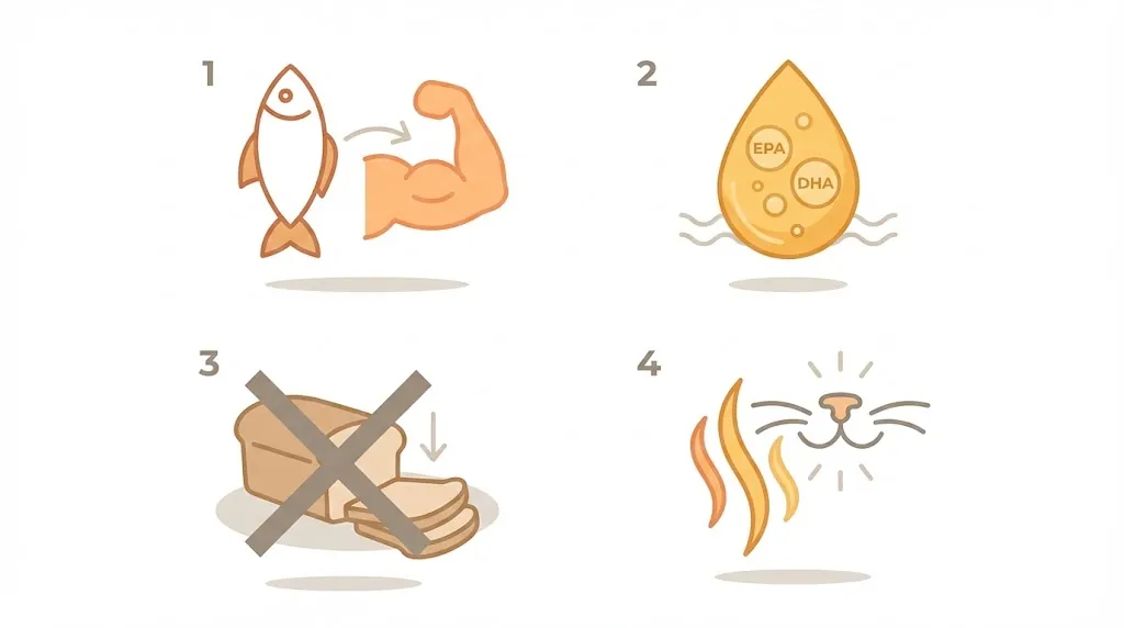 Illustrated icons showing tuna’s protein, omega-3 fats, low carbs, and strong aroma