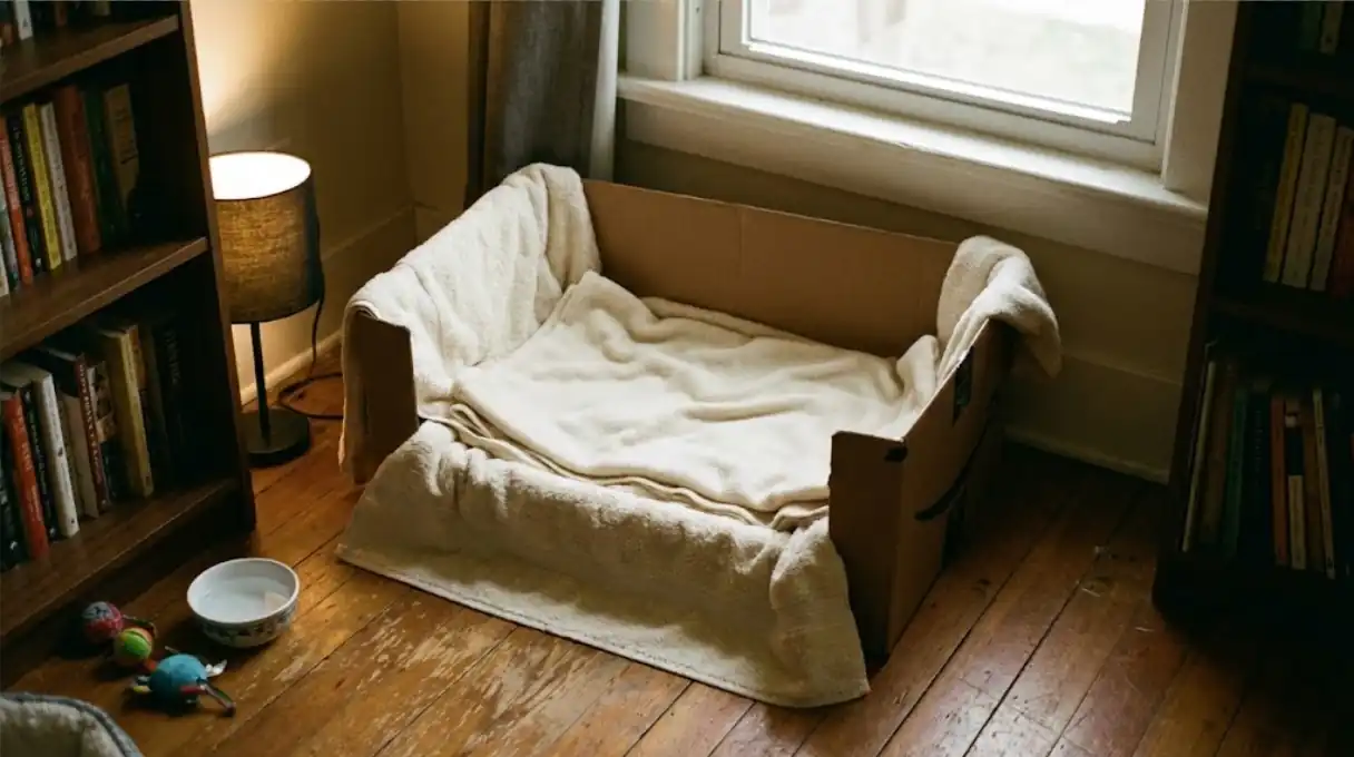 A prepared cardboard box lined with clean towels in a quiet corner