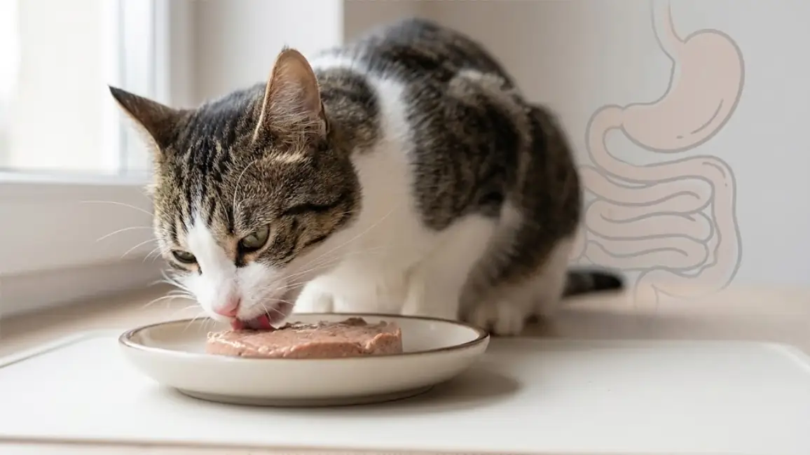 Cat eating soft wet food with gentle digestive comfort visual cues