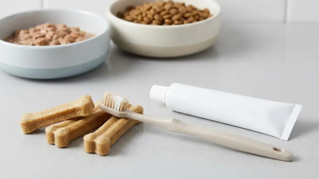 Cat toothbrush and dental care tools next to food bowls to illustrate oral hygiene focus