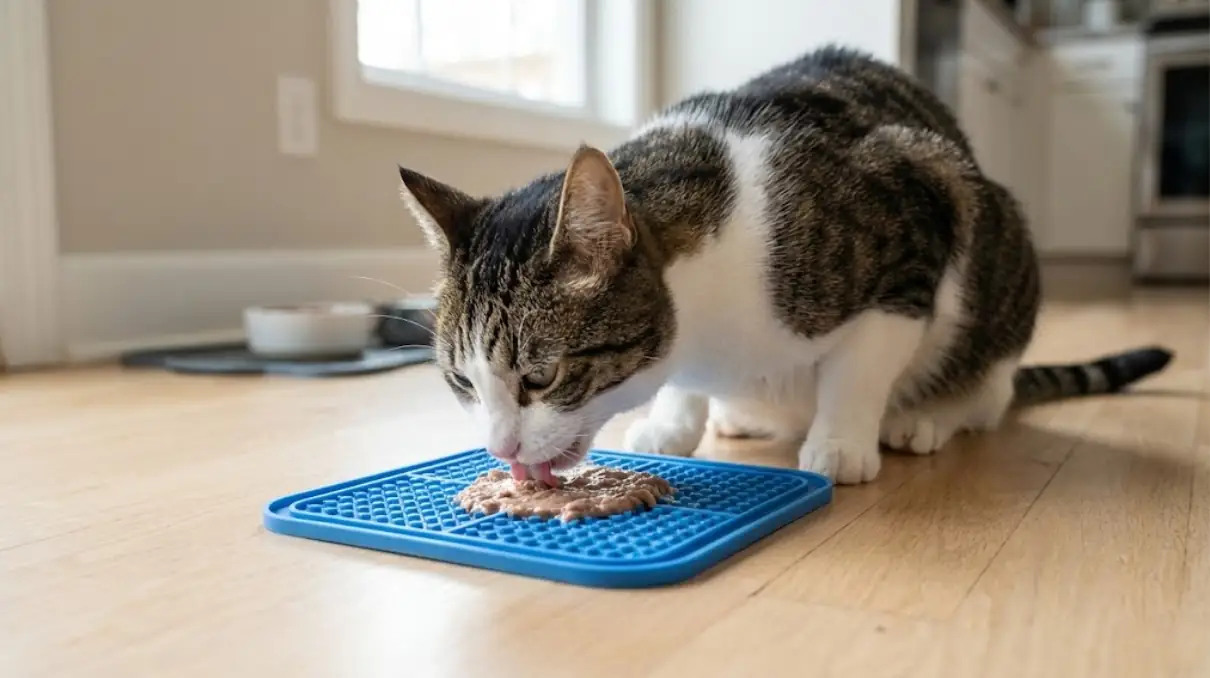 Cat using a lick mat with wet food in a calm feeding station