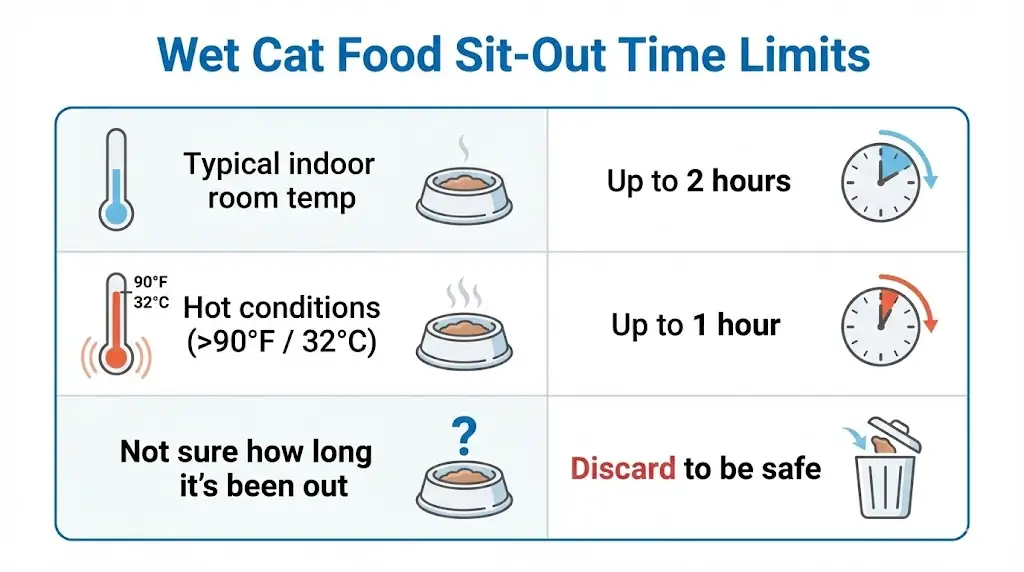 Infographic chart showing how long wet cat food can safely sit out at typical room temperature versus hot conditions