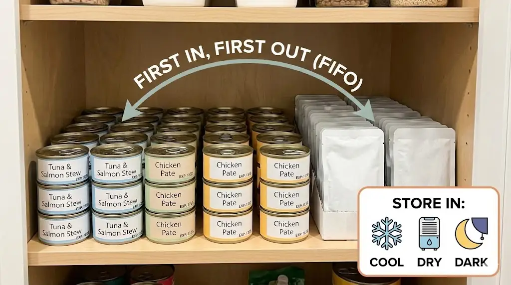 Pantry shelf with unopened wet cat food cans organized by expiration date and stored away from heat and sunlight