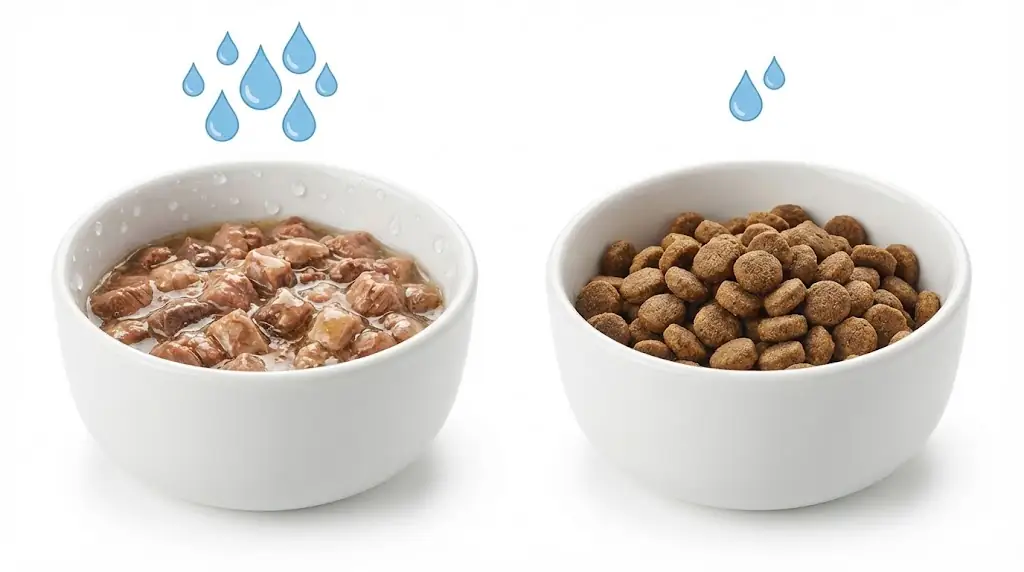 Side-by-side bowls of wet cat food and dry kibble with visual water cues indicating higher moisture in wet food