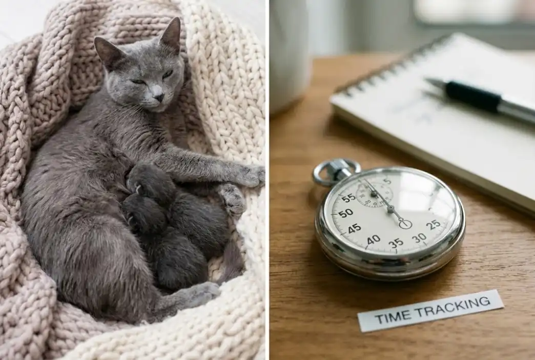 Split image showing a calm mother cat nursing kittens on one side, and a stopwatch indicating urgency on the other