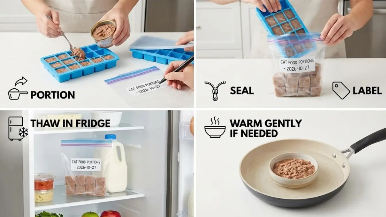 Step-by-step workflow showing wet cat food frozen in small portions, labeled, and thawed safely in the refrigerator