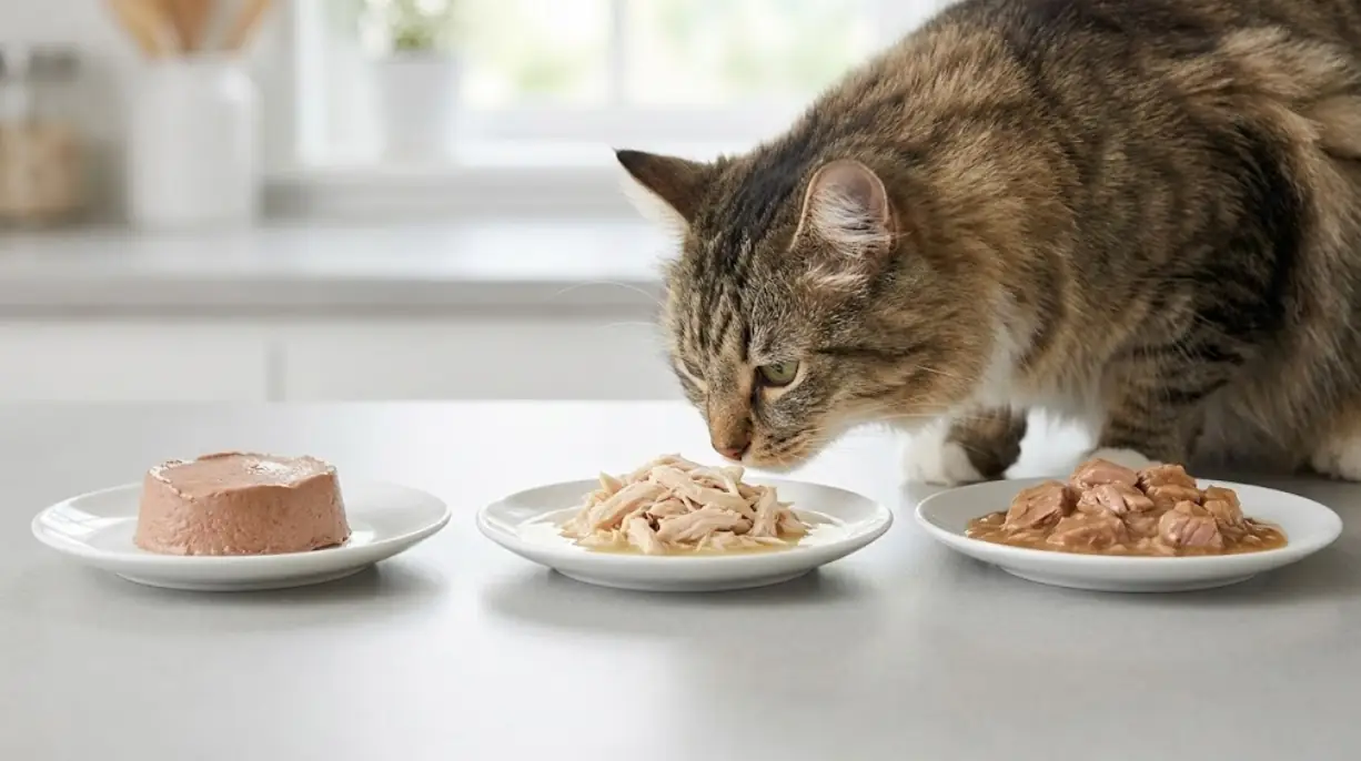 Three wet food textures on plates with a cat sniffing to show preference and variety