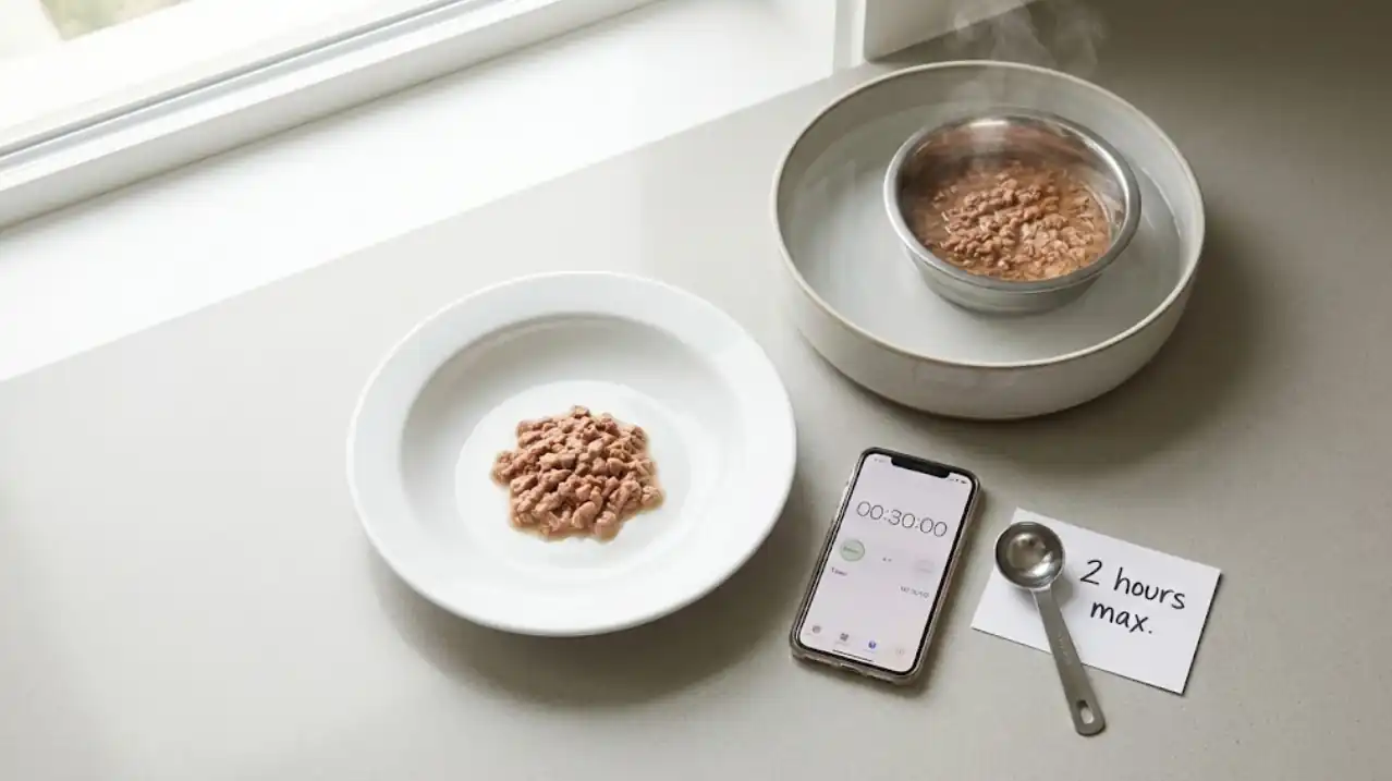 Top-down scene of a cat feeding station with a shallow bowl, small portion of wet food, timer, and clean scoop