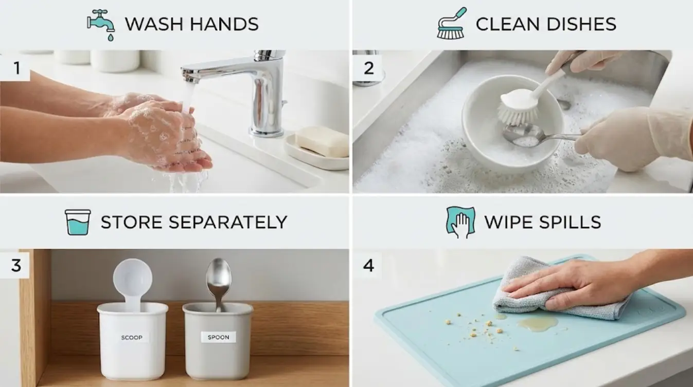 Visual guide showing handwashing, washing cat bowls, using a dedicated scoop, and cleaning spills after feeding wet food