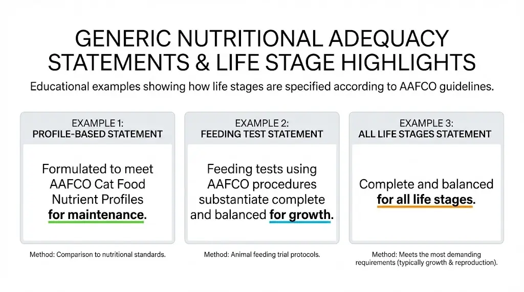 Close-up guide showing examples of complete and balanced AAFCO nutritional adequacy statements for cats