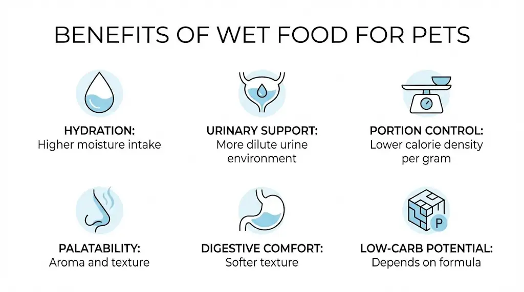 Infographic summarizing evidence-based benefits of wet food for cats including hydration and urinary health support