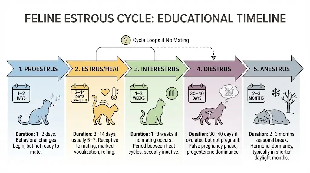 Infographic showing the cat estrous cycle stages and how long each phase lasts