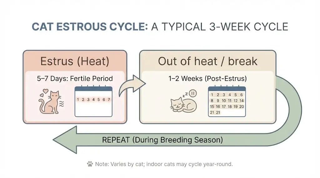 Calendar diagram showing repeat cat heat cycles every 2 to 3 weeks