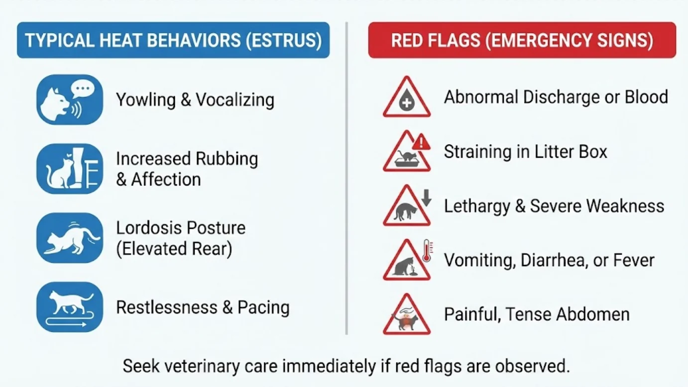 Split infographic comparing normal cat in heat behaviors with red-flag symptoms that need a vet