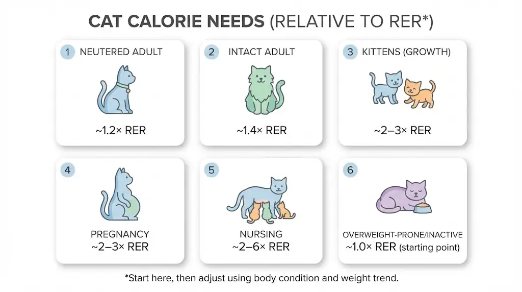 Infographic showing key factors that change a cat’s MER factor such as neuter status, life stage, activity, and pregnancy