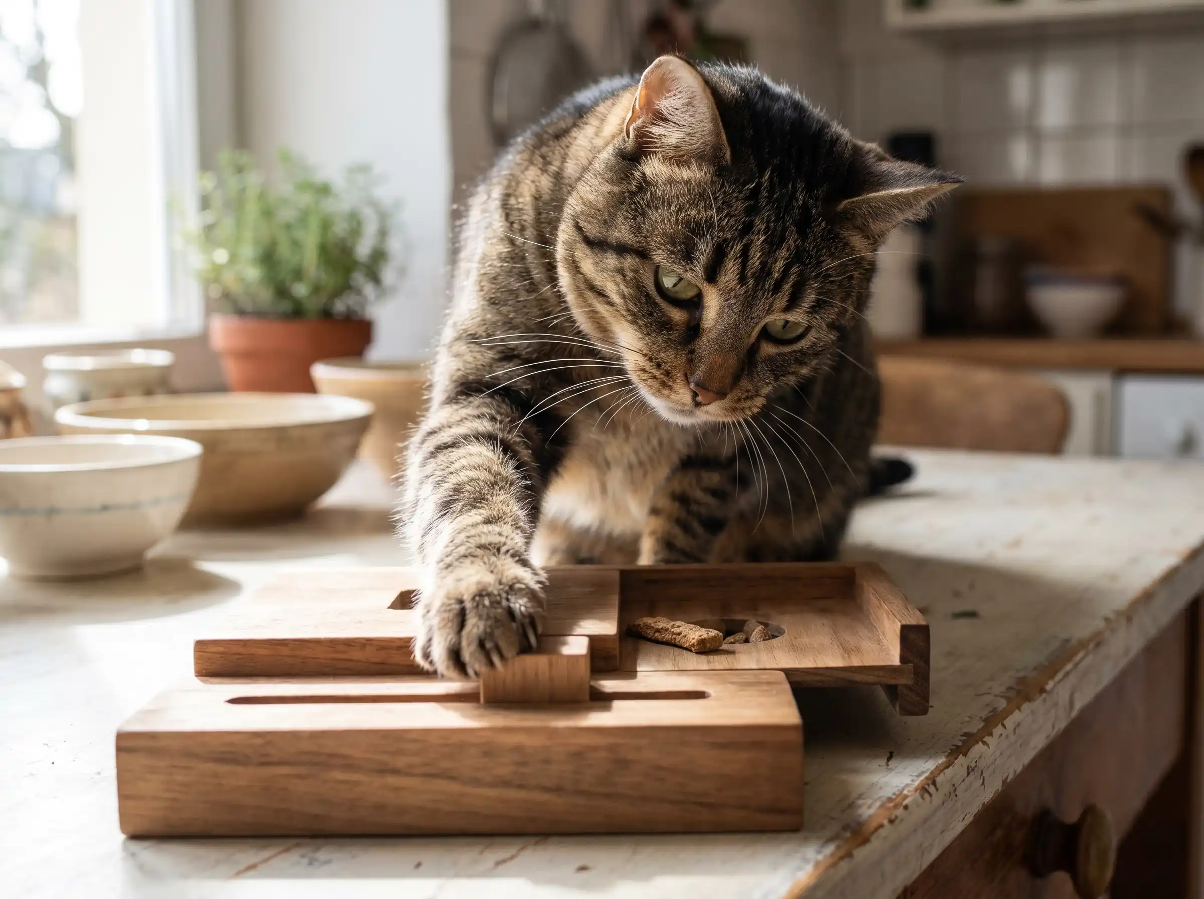 A tabby cat intensely focused on solving a wooden puzzle feeder independently, demonstrating feline problem-solving intelligence