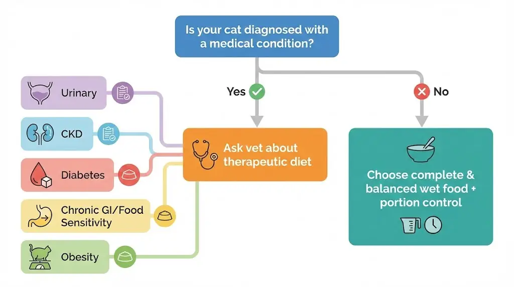 Flowchart showing when to use therapeutic diets for cats with diagnosed urinary, kidney, diabetes, GI, or obesity conditions