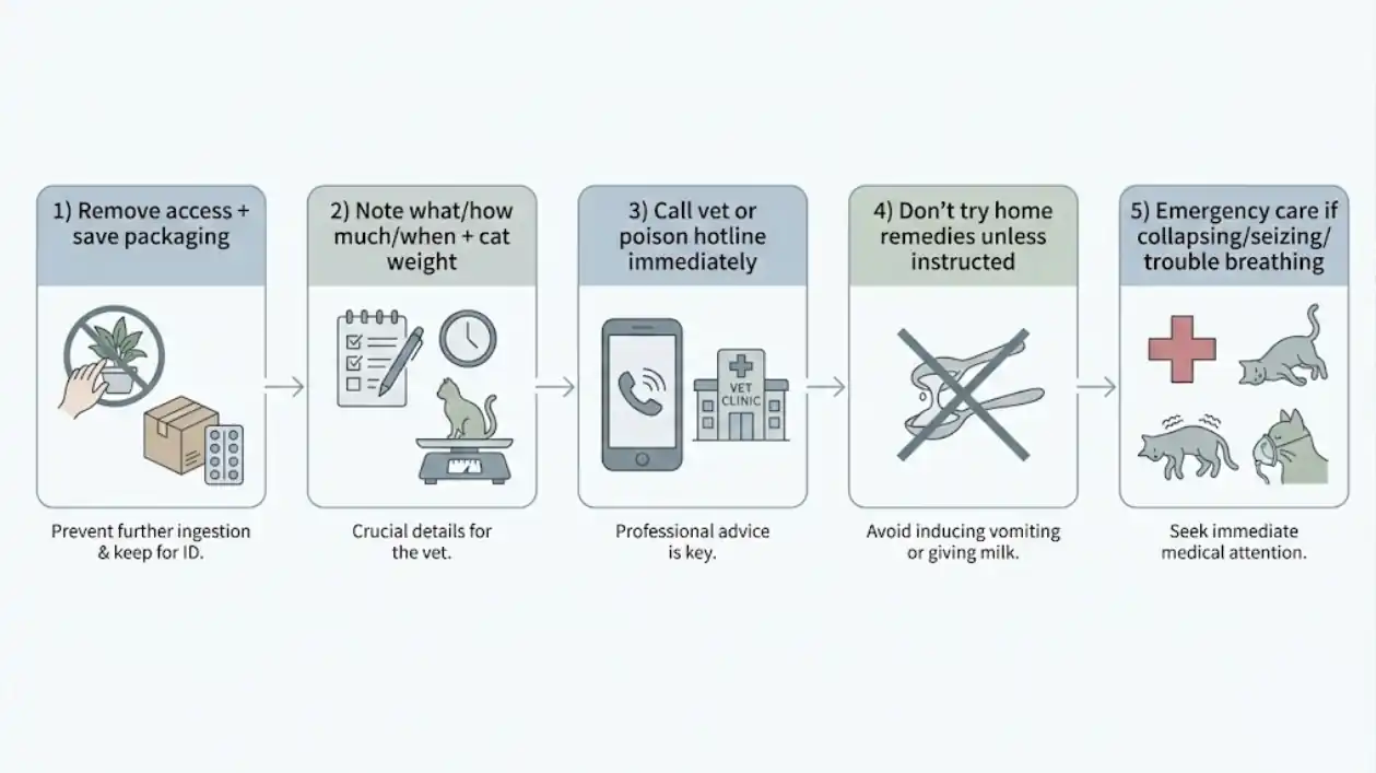Emergency flowchart for what to do if a cat eats toxic human food