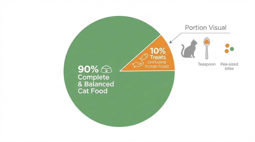 Diagram showing treats limited to 10% of a cat’s daily calories with the rest from complete cat food