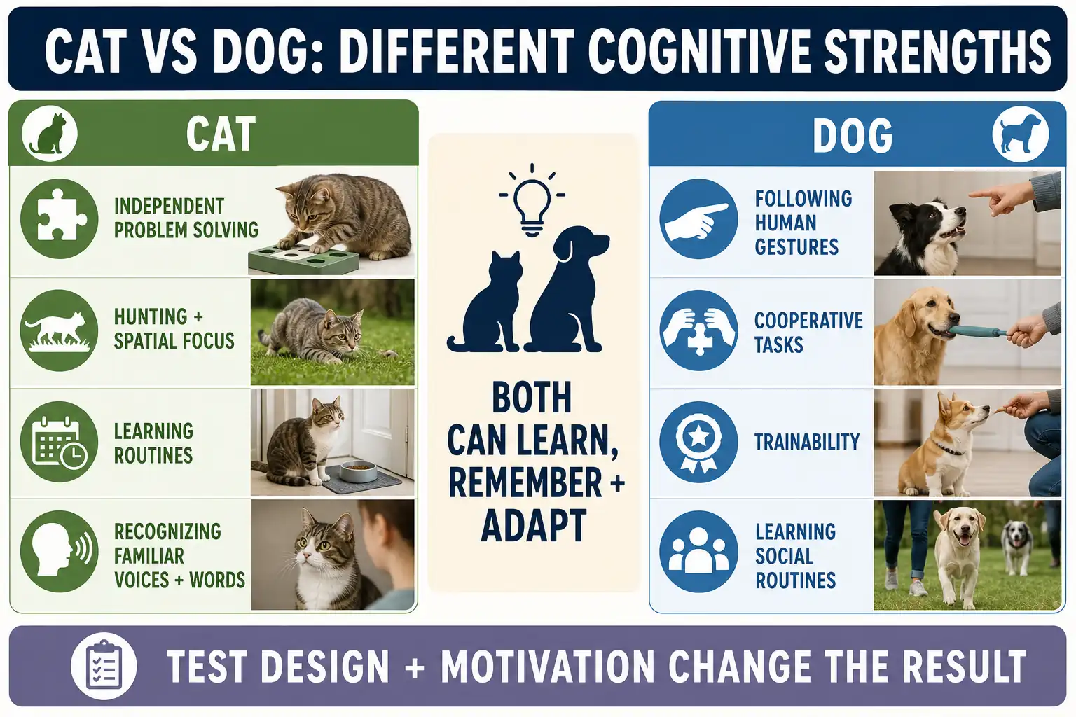 Balanced infographic comparing commonly observed cat and dog cognitive strengths without naming awinner.
