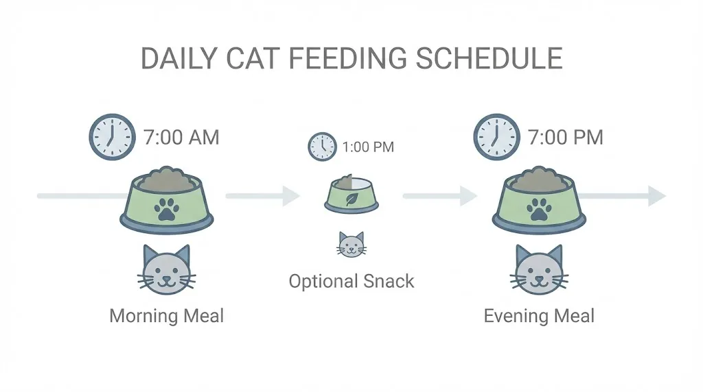 Daily routine graphic showing consistent cat feeding times and small-meal options