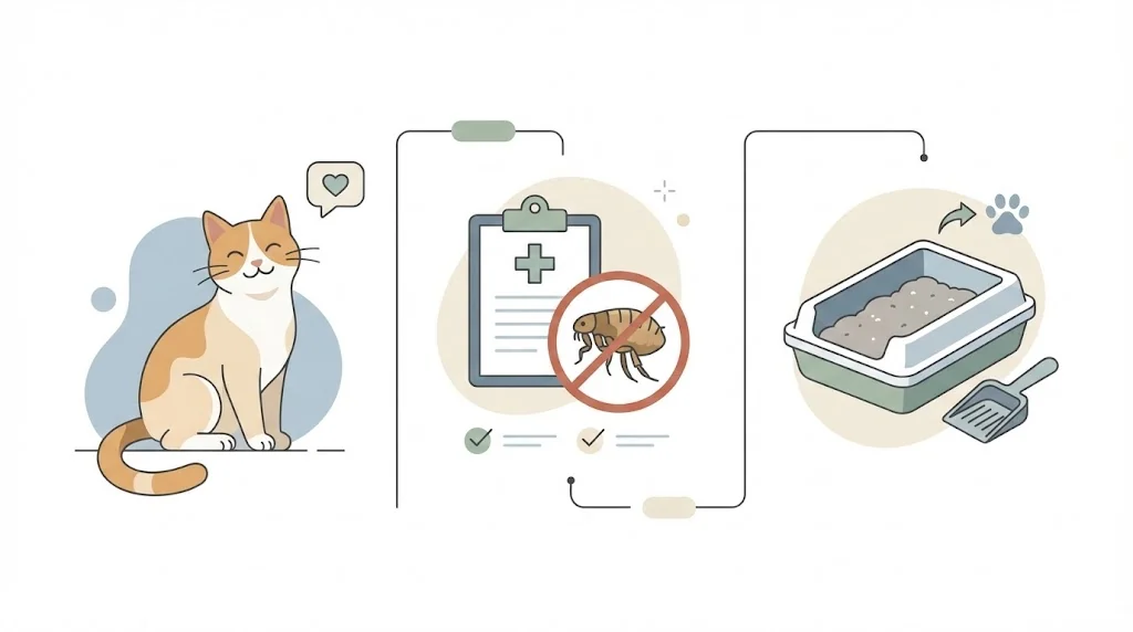 Infographic showing vet plan, flea prevention, and daily litter hygiene to prevent worms in cats