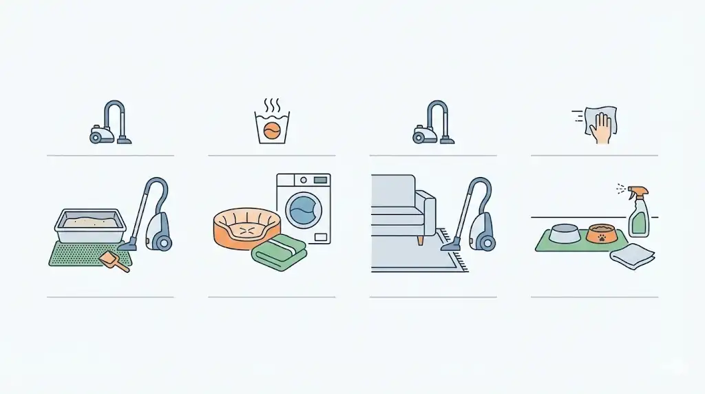 Home cleaning map showing key areas to reduce parasite contamination after cat worms