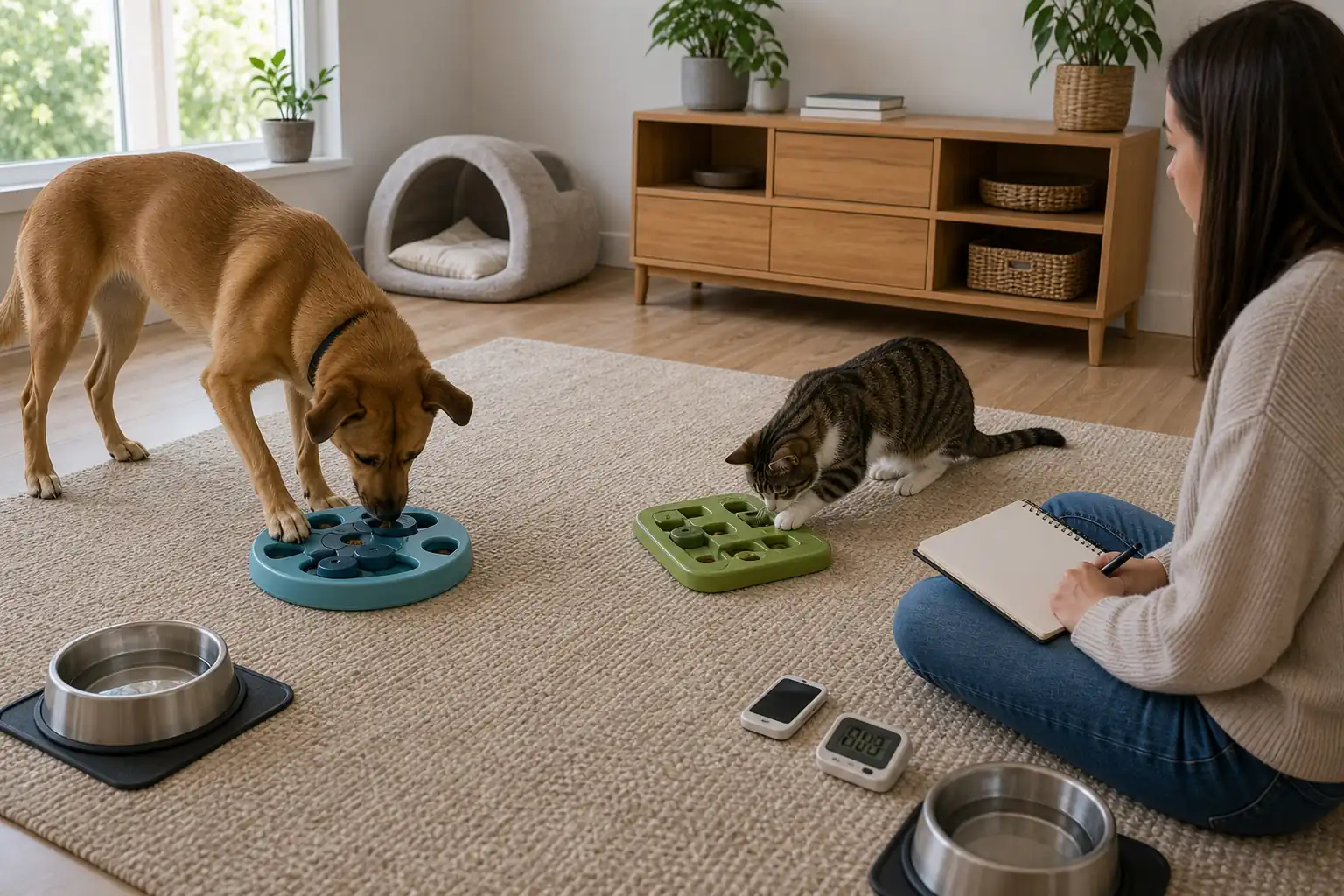 Cat and dog calmly explore separate species-appropriate puzzle feeders while a person observes withoutcoaching.