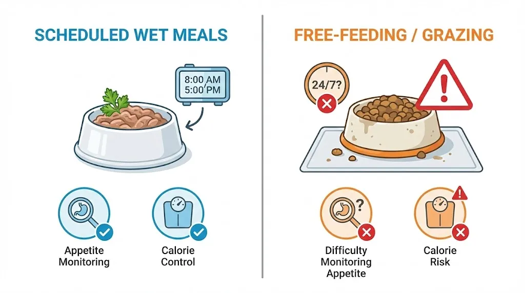 Side-by-side comparison of scheduled wet meals versus free-feeding and grazing