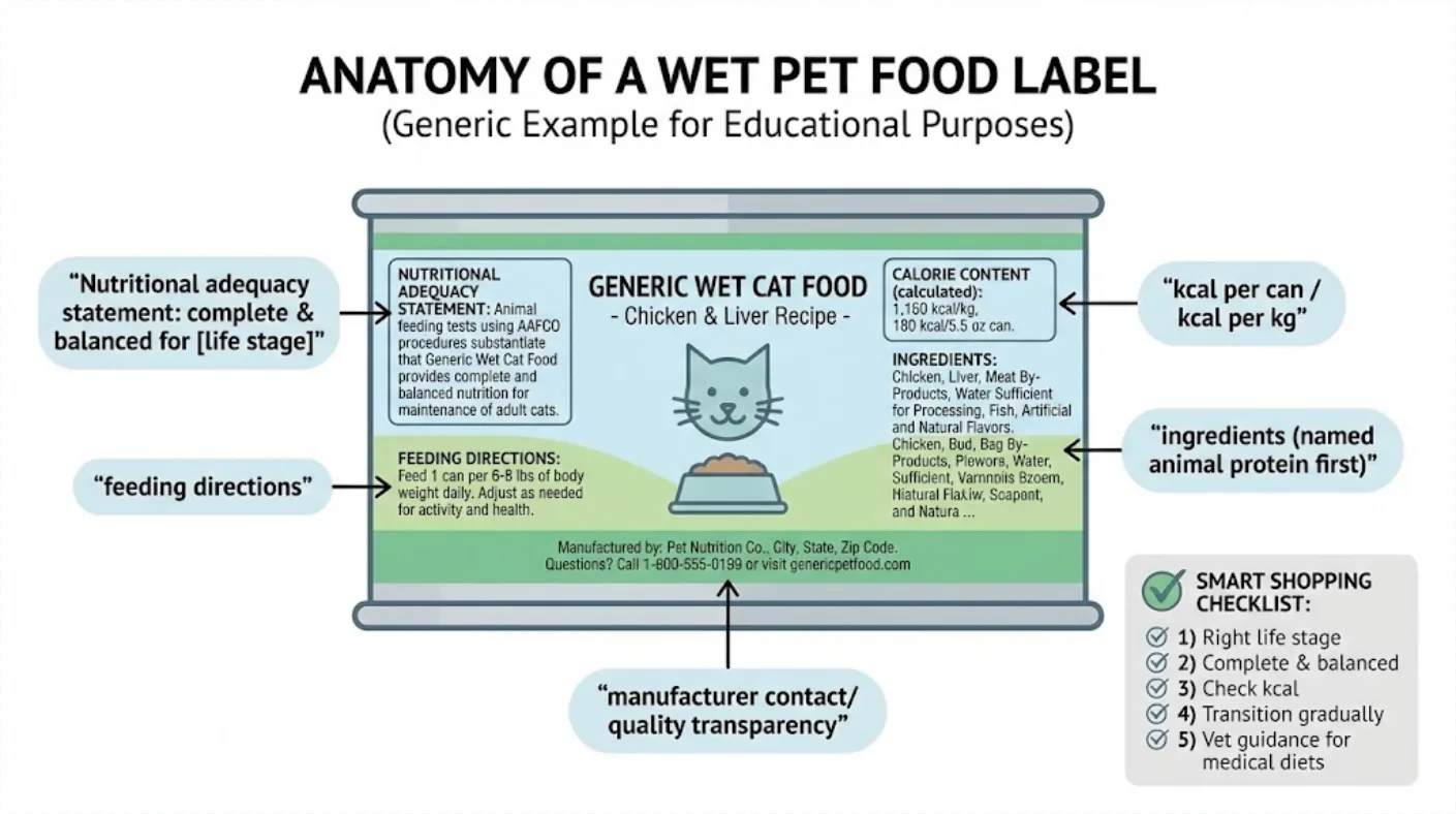 Diagram showing where to find kcal per can and the nutritional adequacy statement on a wet food label