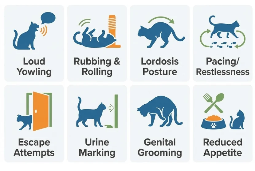 Infographic showing key behavioral signs a cat is in heat and note that cats typically don’t bleed