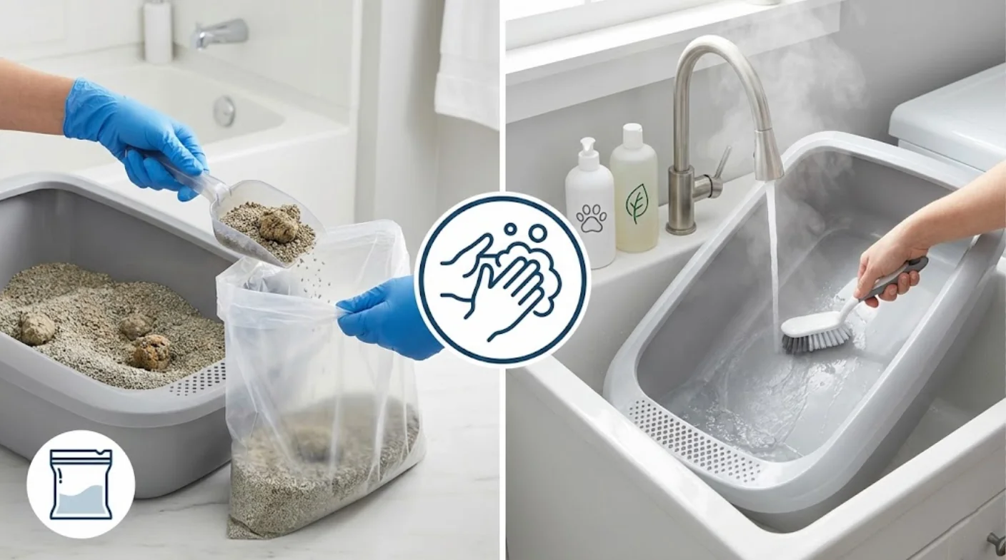 Visual guide showing daily litter scooping and weekly litter box deep-clean routine for worm prevention