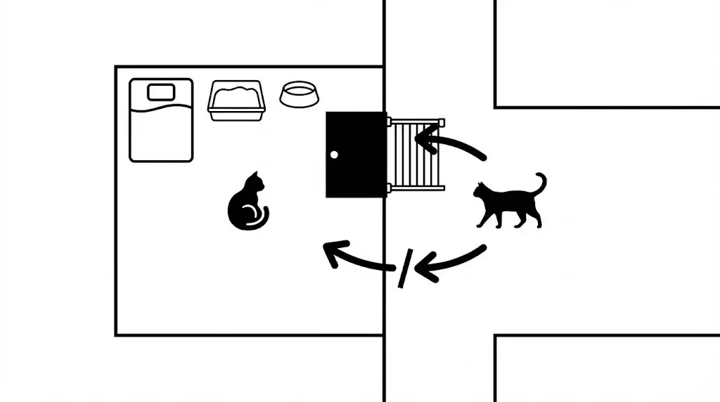 Home layout diagram showing a separated heat room and barrier setup between cats