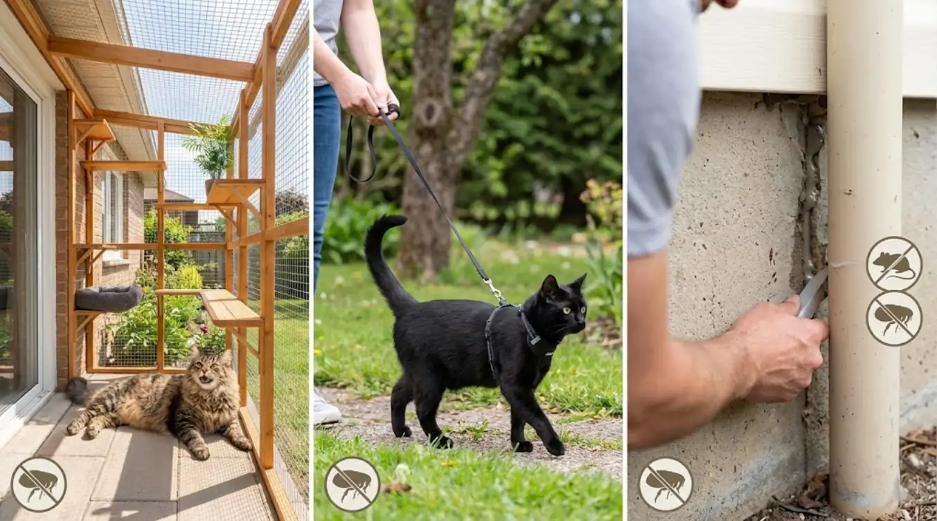 Illustration of cat worm prevention by reducing hunting with catio, leash/harness, and pest control barriers